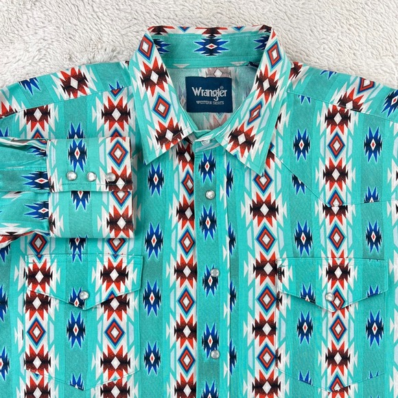 Wrangler Aztec Western Shirt Men's XL Teal Pearl Snap Cowboy Rodeo Brushpopper - Picture 1 of 10